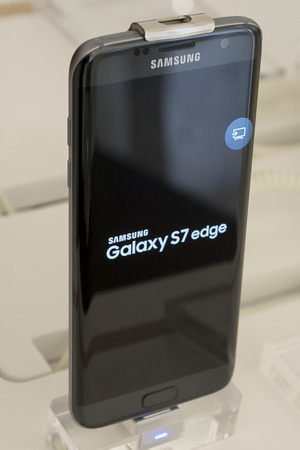 Mobile Samsung galaxy 7 Edge. Mobile World Centre. Barcelona, Spain. February 27, 2016のeditorial素材