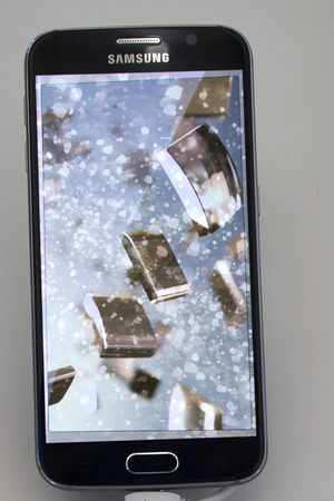 Mobile Samsung galaxy 6 Edge. Mobile World Centre. Barcelona, Spain. February 27, 2016のeditorial素材