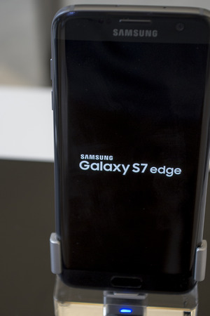 Mobile Samsung Galaxy 7. Mobile World Centre. Barcelona, Spain. February 27, 2016のeditorial素材