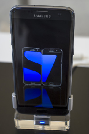 Mobile Samsung galaxy 7. Mobile World Centre. Barcelona, Spain. February 27, 2016のeditorial素材