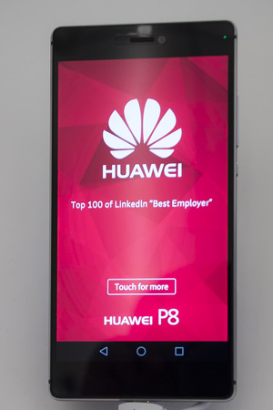 Mobile Phone Huawey P8. Mobile World Centre. Barcelona, Spain. February 27, 2016のeditorial素材