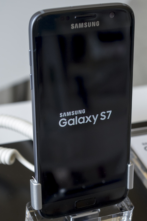 Mobile Samsung galaxy 7 Edge. Mobile World Centre. Barcelona, Spain. February 27, 2016のeditorial素材