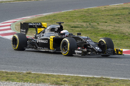 Driver Kevin Magnussen. Team Renault. Formula One Test Days at Circuit de Catalunya. Montmelo, Spain. March 1, 2016のeditorial素材