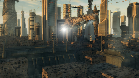 Alien UFO Spaceship and futuristic cityの写真素材