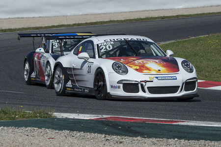 Driver Pierre Piron. Team Mediacom. Porsche carrera Cup. Trofeo Targa Iberia at Circuit de Catalunya. Montmelo, Spain. April 23, 2016のeditorial素材