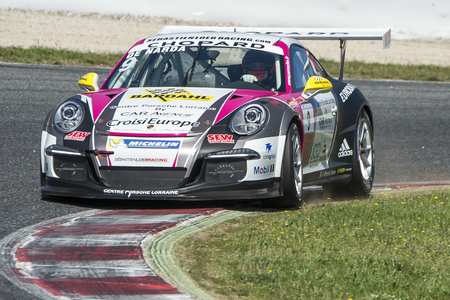 Driver Joffrey De Narda. Team Sebastien Loeb Racing. Porsche carrera Cup. Trofeo Targa Iberia at Circuit de Catalunya. Montmelo, Spain. April 23, 2016のeditorial素材