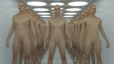 Human clones in futuristic room