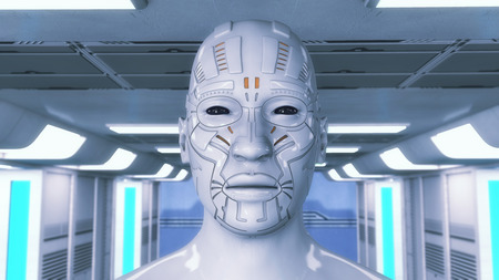3d rendering. Humanoid head and futuristic roomの写真素材