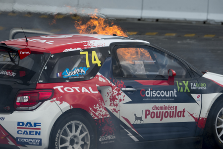 Jerome Grossset Janin on fire.  Barcelona FIA World Rallycross Championship at Circuit of Barcelona. Montmelo, Spain. April 01, 2017のeditorial素材