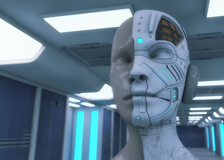 3d rendering. Humanoid head and futuristic roomの写真素材