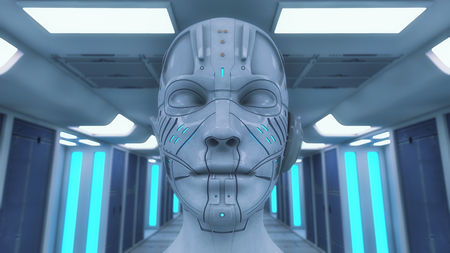 3d rendering. Humanoid head and futuristic roomの写真素材