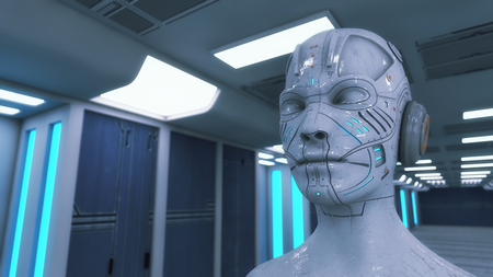 3d rendering. Humanoid head and futuristic roomの写真素材