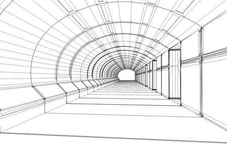 3d render. Futuristic interior corridor wireframe sketchの写真素材