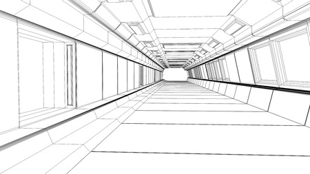 3d render. Futuristic interior corridor wireframe sketchの写真素材