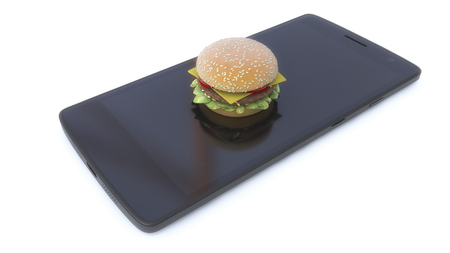 3d render. Mobile phone and hamburgerの写真素材