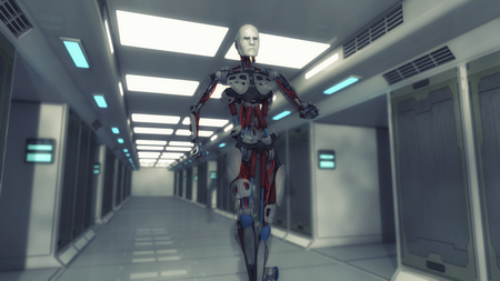 3D render. Futuristic interior corridor and robotの写真素材