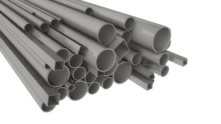 3d render. Metal pipes of different shapes and sizesの写真素材