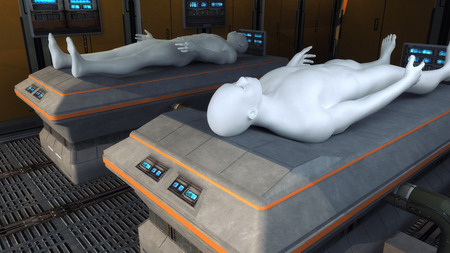 3d rendering. Futuristic interior and humanoidの写真素材