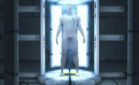 3d rendering. Futuristic background architecture corridor and humanoidの写真素材