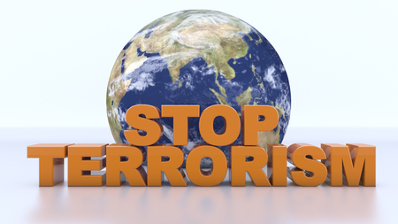 3d rendering. Stop terrorism text and world mapの写真素材
