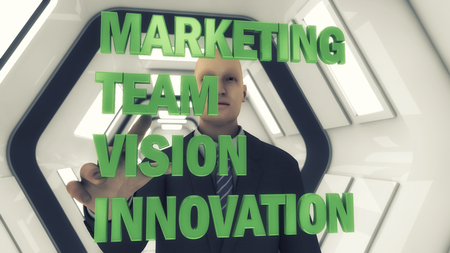 3d rendering. 3d businessman and the word marketing on a futuristic backgroundの写真素材