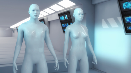 3d rendering. Futuristic background architecture corridor and humanoid male and femaleの写真素材