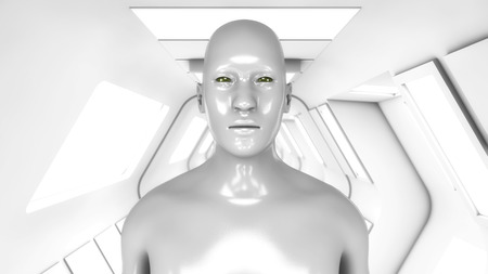 3d rendering. Humanoid figure in a futuristic interiorの写真素材