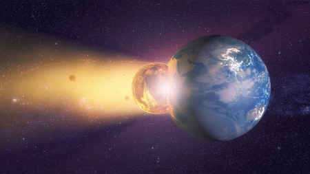 3d rendering. Meteorite crashing against planet earthの写真素材