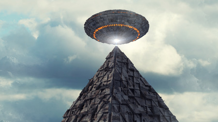 3d rendering. Futuristic unidentified flying object and pyramidの写真素材