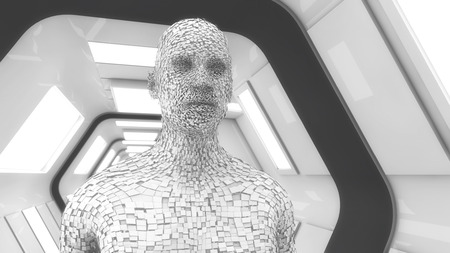 3d rendering. Humanoid figure in a futuristic interiorの写真素材