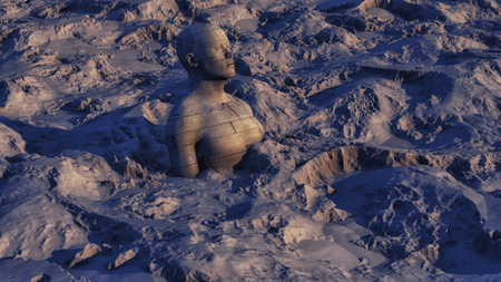 3D rendering. Planet and ancient buried statueの写真素材