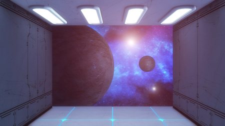 3D rendering. Futuristic spaceship interior corridorの写真素材