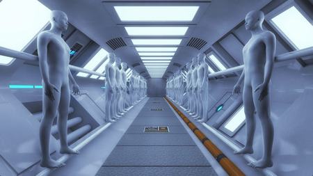 3D rendering. Humanoid figure and futuristic roomの写真素材