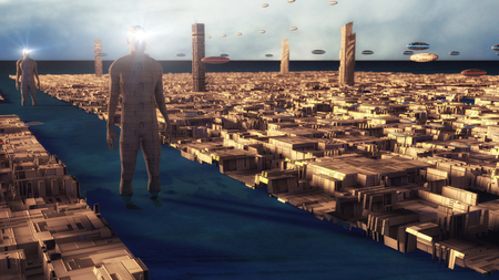 3D rendering. Futuristic city and spaceshipsの写真素材