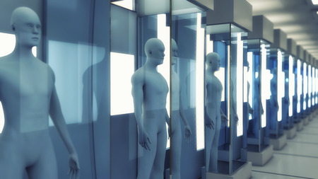 3D rendering. Humanoid figure and futuristic roomの写真素材