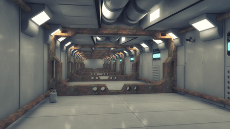 3D rendering. Futuristic spaceship interior corridorの写真素材