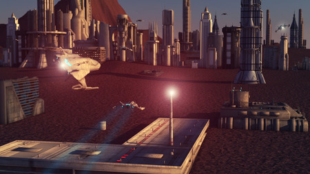 3d rendering. Futuristic city and spaceshipsの写真素材