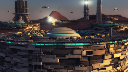 3d rendering. Futuristic city and spaceshipsの写真素材