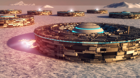 3d rendering. Futuristic city and spaceshipsの写真素材