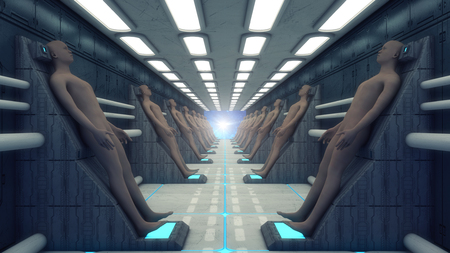 3D rendering. Humanoid figure and futuristic roomの写真素材