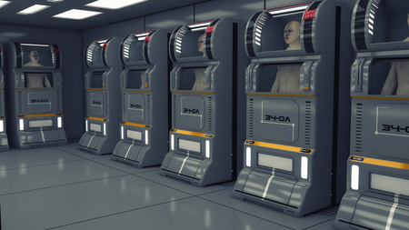 3D rendering. Humanoid figure and futuristic roomの写真素材