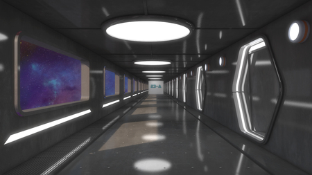 3D Render Futuristic spaceship interior corridorの写真素材
