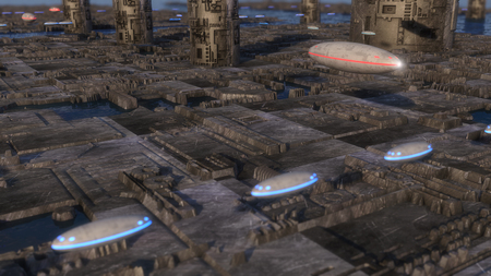 3d Render. Futuristic city and spaceshipsの写真素材