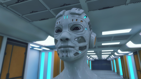 3d rendering. Humanoid head and futuristic roomの写真素材