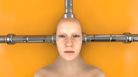 3d render Human head and connected tubesの写真素材