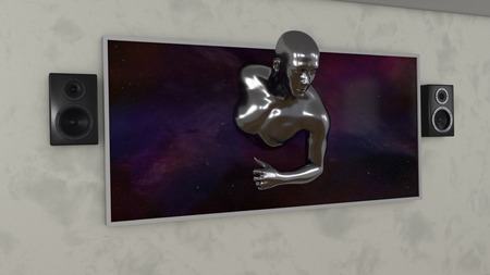 3d render.Television with speakers and human figure going outの写真素材