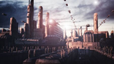 3d rendering. Futuristic city and spaceshipsの写真素材