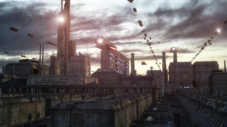 3d rendering. Futuristic city and spaceshipsの写真素材