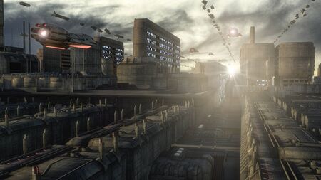 3d rendering. Futuristic city and spaceshipsの写真素材