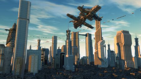 3d rendering. Futuristic city and spaceshipsの写真素材